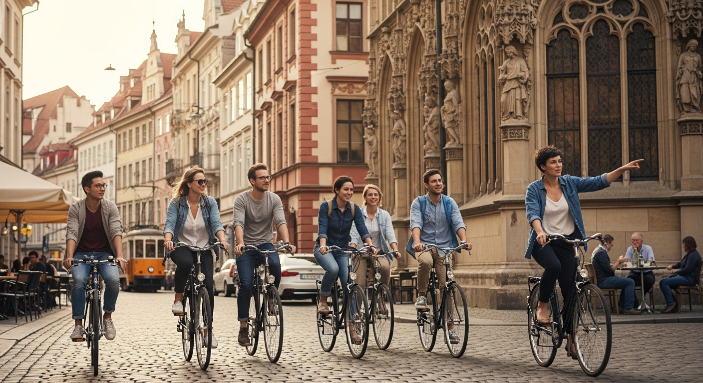 Guided city bike tour group cycling through historic European city streets with local expert guide