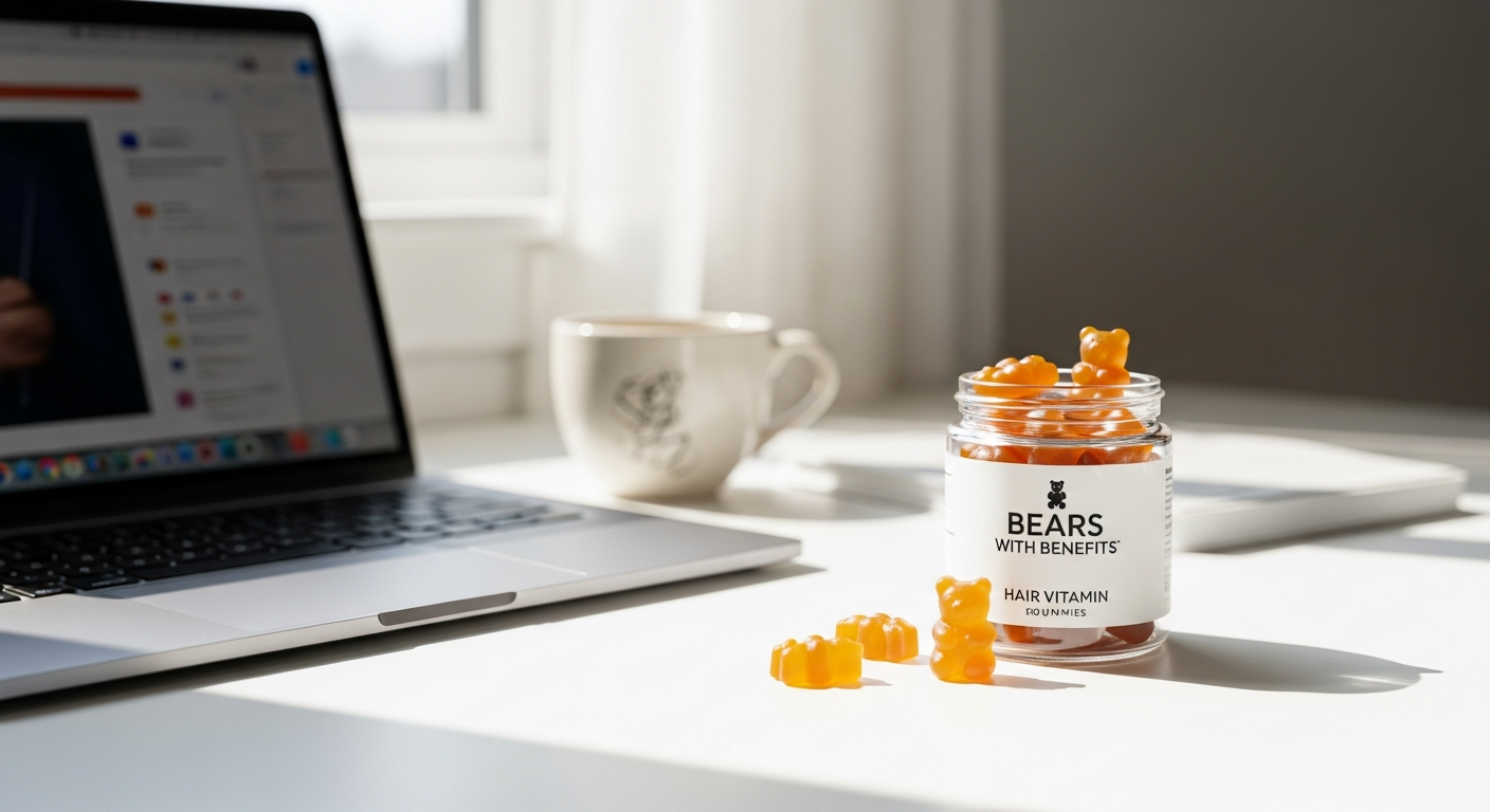 Ah-mazing Hair Vitamins Gummies in berry flavor displayed with healthy hair and glowing skin