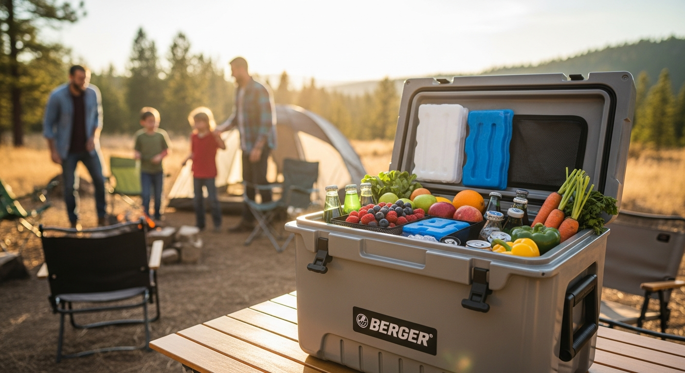 Berger EPL Compressor Cool Box displayed at a campsite with family camping setup and outdoor kitchen