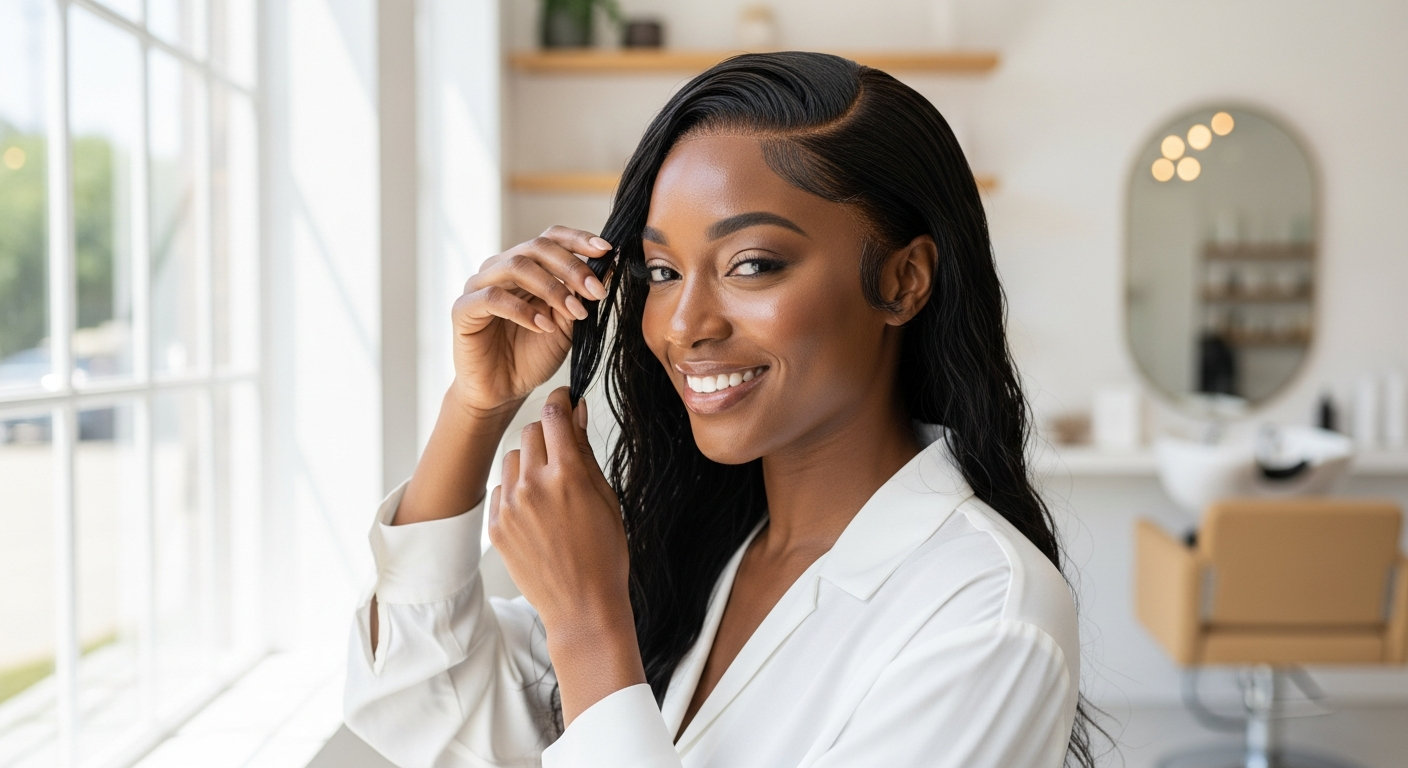 Woman wearing BGMgirl glueless water wave wig with pre-plucked hairline and HD lace technology