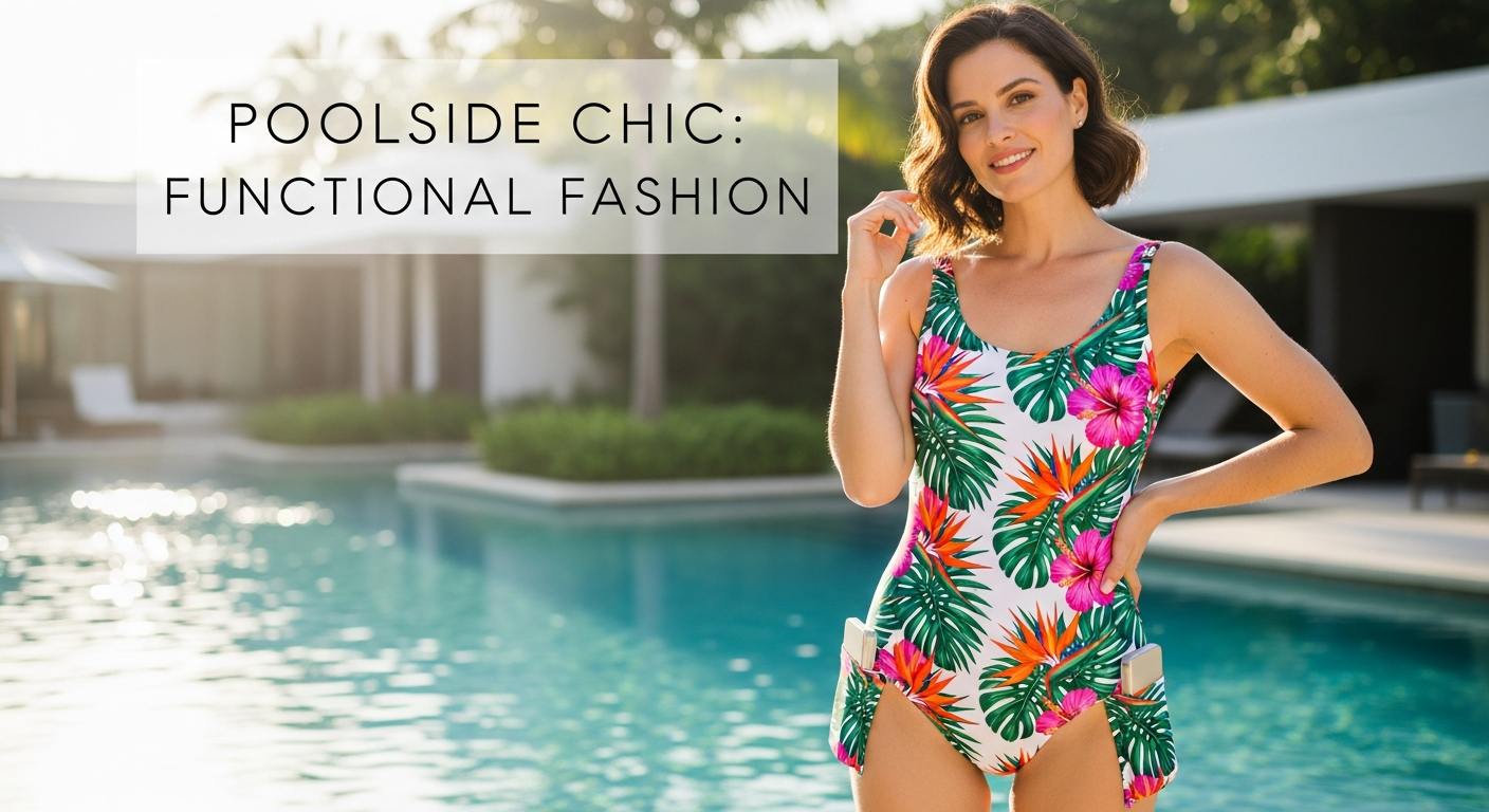 Tropical flower print one-piece swimsuit with functional pockets in vibrant floral design