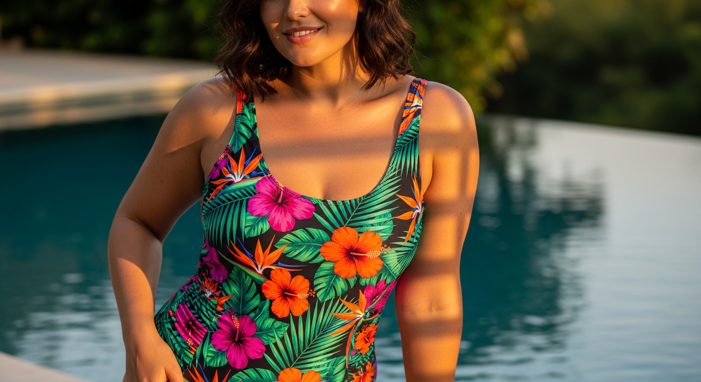 Bloomchic tropical flower print one-piece swimsuit with pockets displayed on model showing vibrant spring colors and flattering U-neckline design