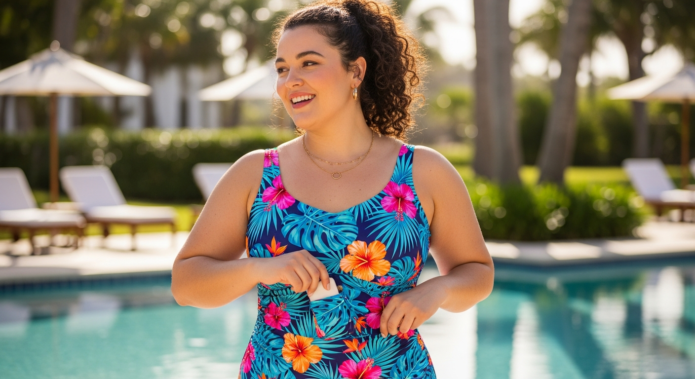 Tropical floral print one-piece swimsuit with pockets displayed on plus-size model at beach