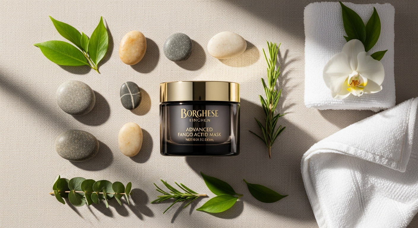 Luxurious Italian mud mask jar displayed with fresh botanical ingredients and spa setting