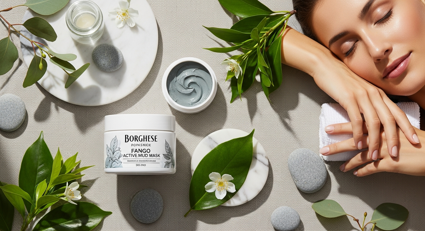 Luxurious Italian Borghese Advanced Fango Active Mud Mask jar displayed with volcanic minerals and botanical ingredients