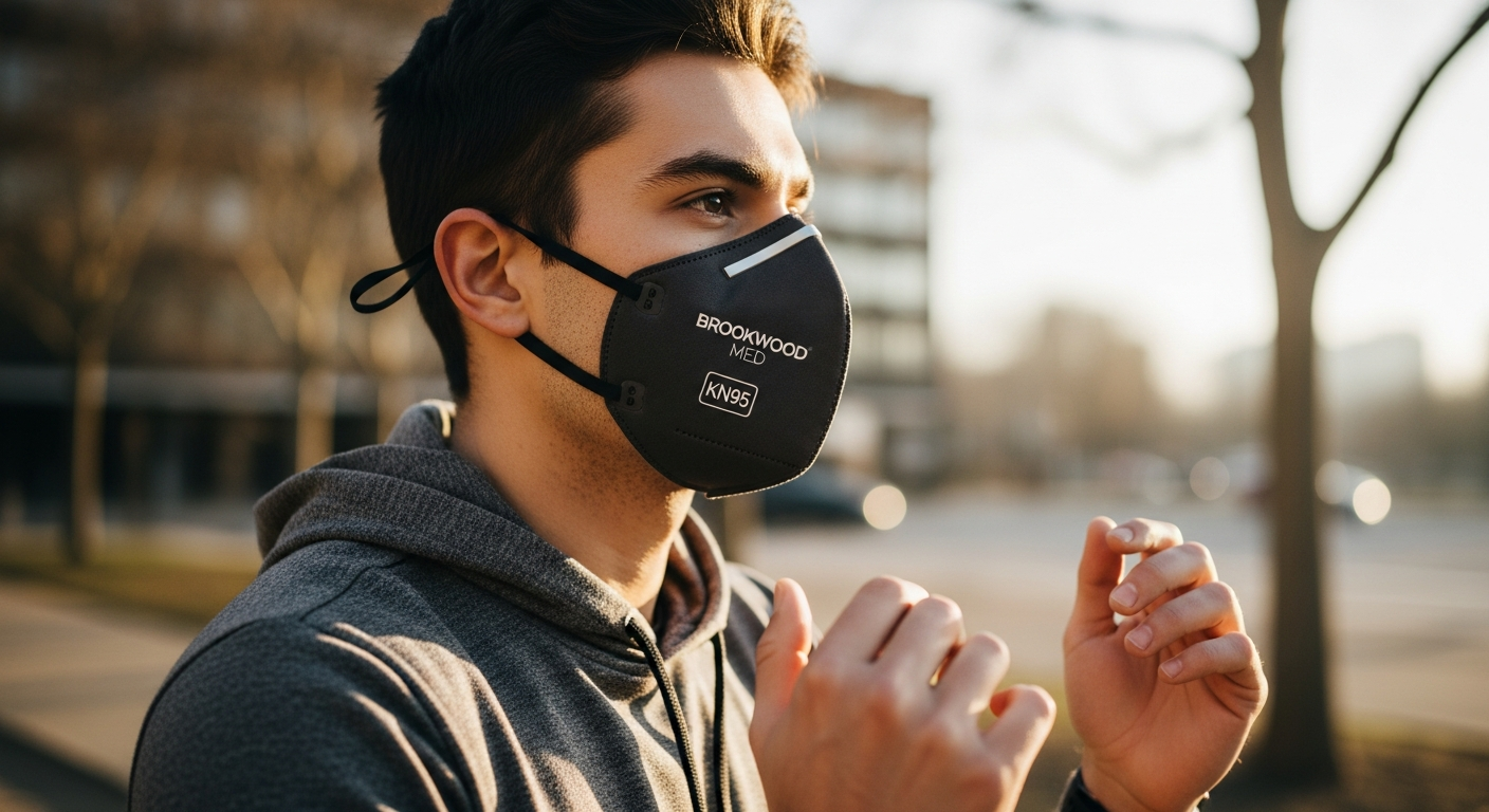 Brookwood Med KN95 face masks with 5-ply construction and two-strap design for active protection