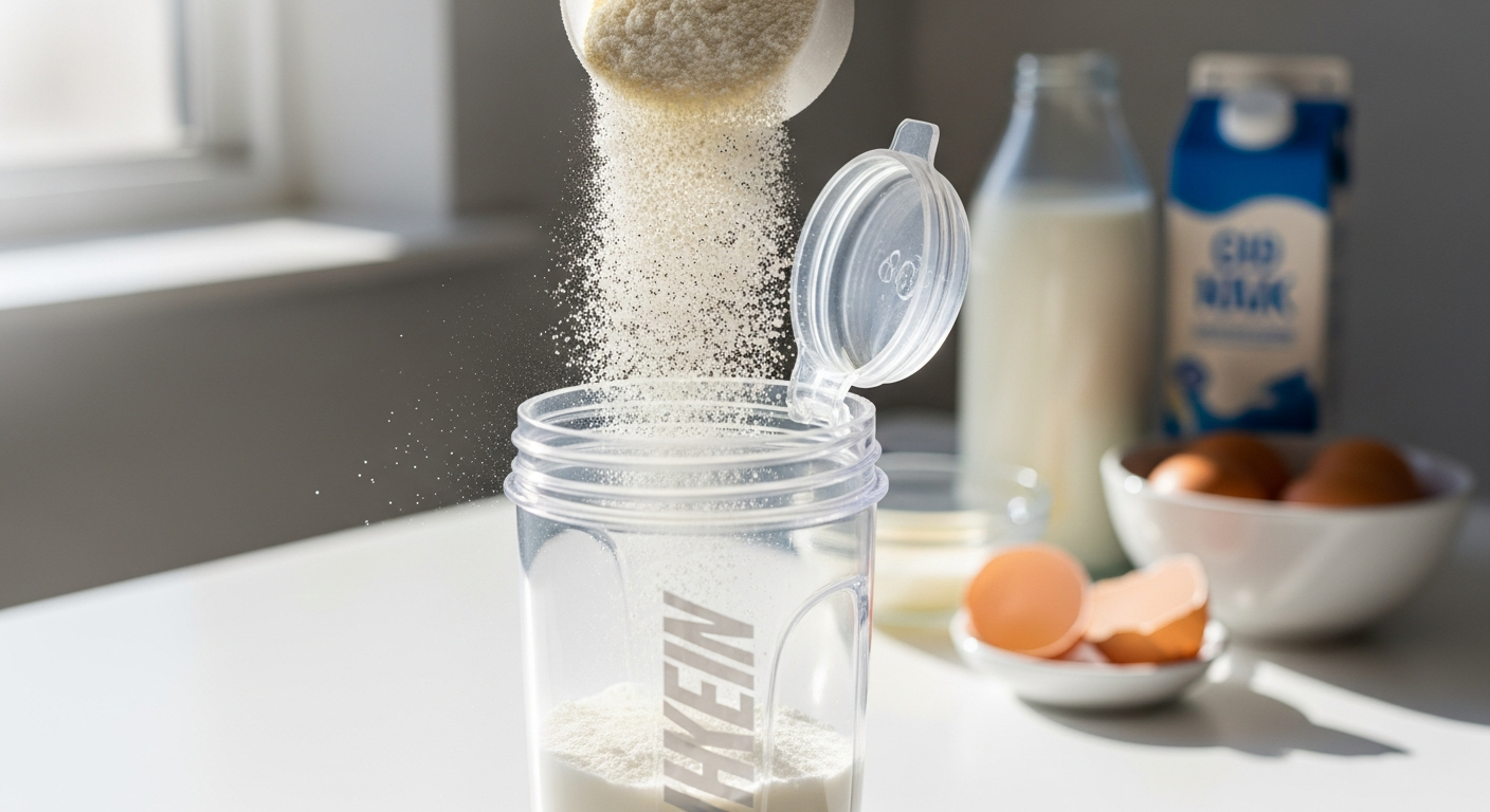 Bulk Pure Whey Protein Powder container with multiple flavor variants displayed on white background