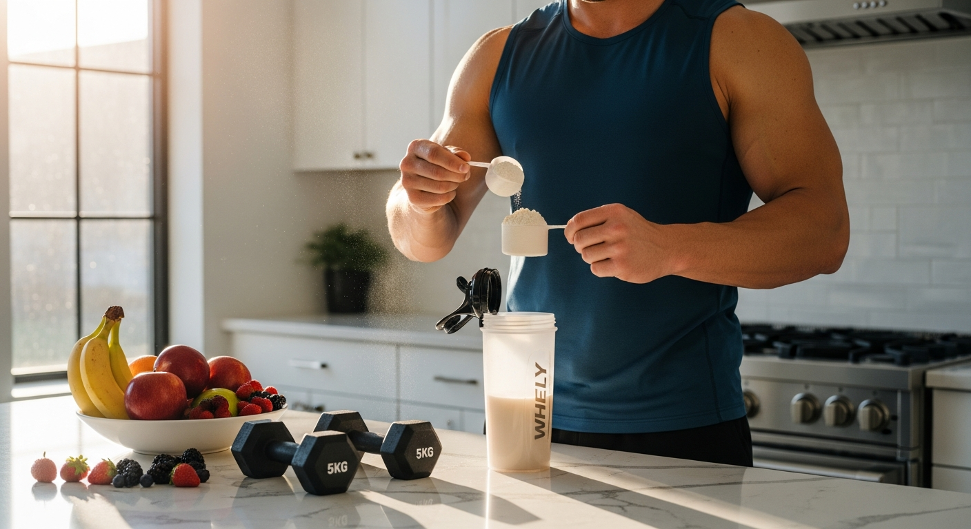 Bulk Pure Whey Protein Powder vanilla 1kg tub displayed with fitness equipment and healthy lifestyle elements