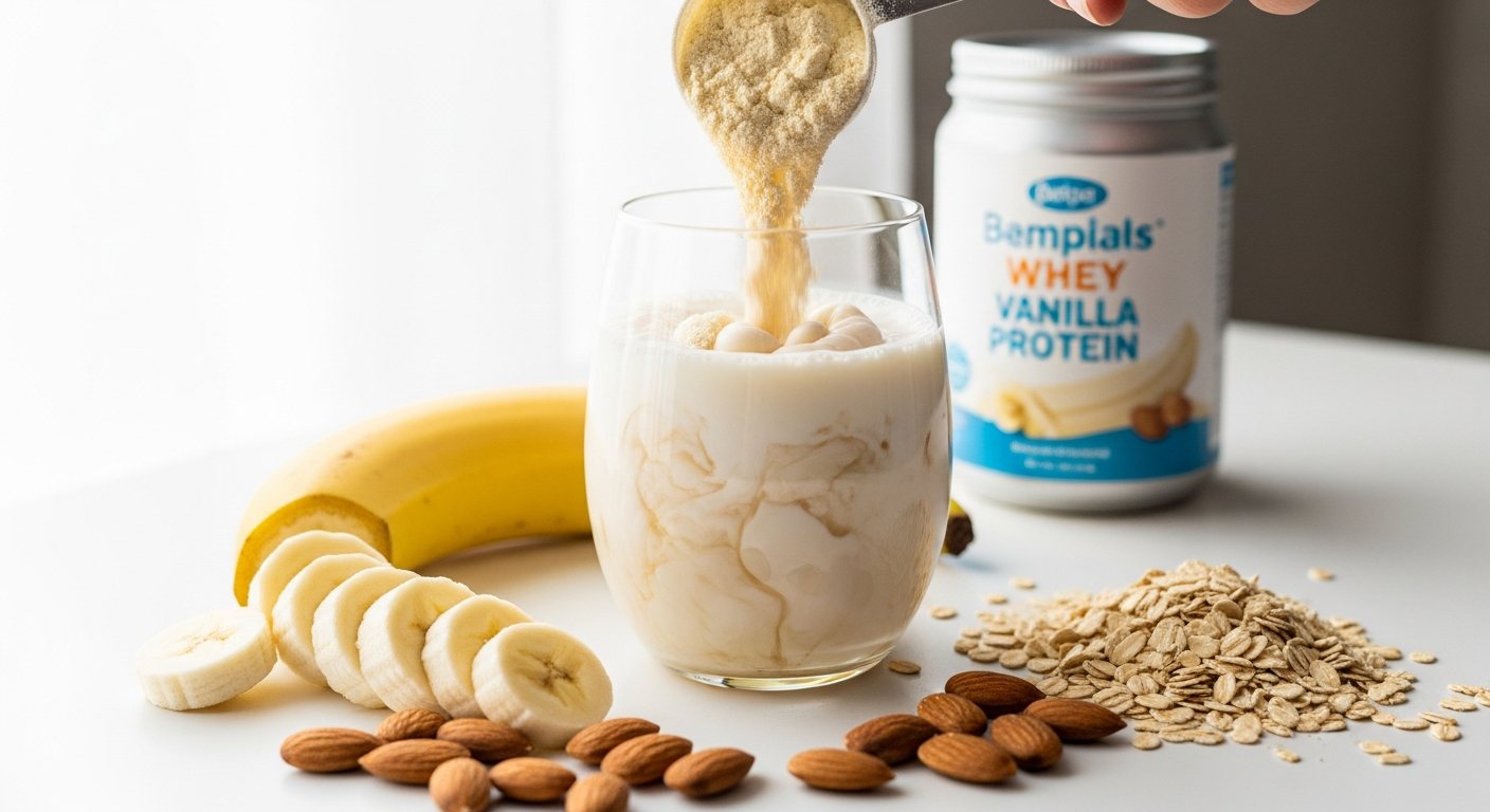 Bulk Pure Whey Protein Vanilla 1kg tub with mixing guide and recipe ingredients displayed