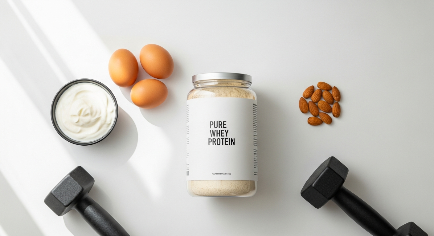 Bulk Pure Whey Protein Powder container displayed with measuring scoop and fitness equipment