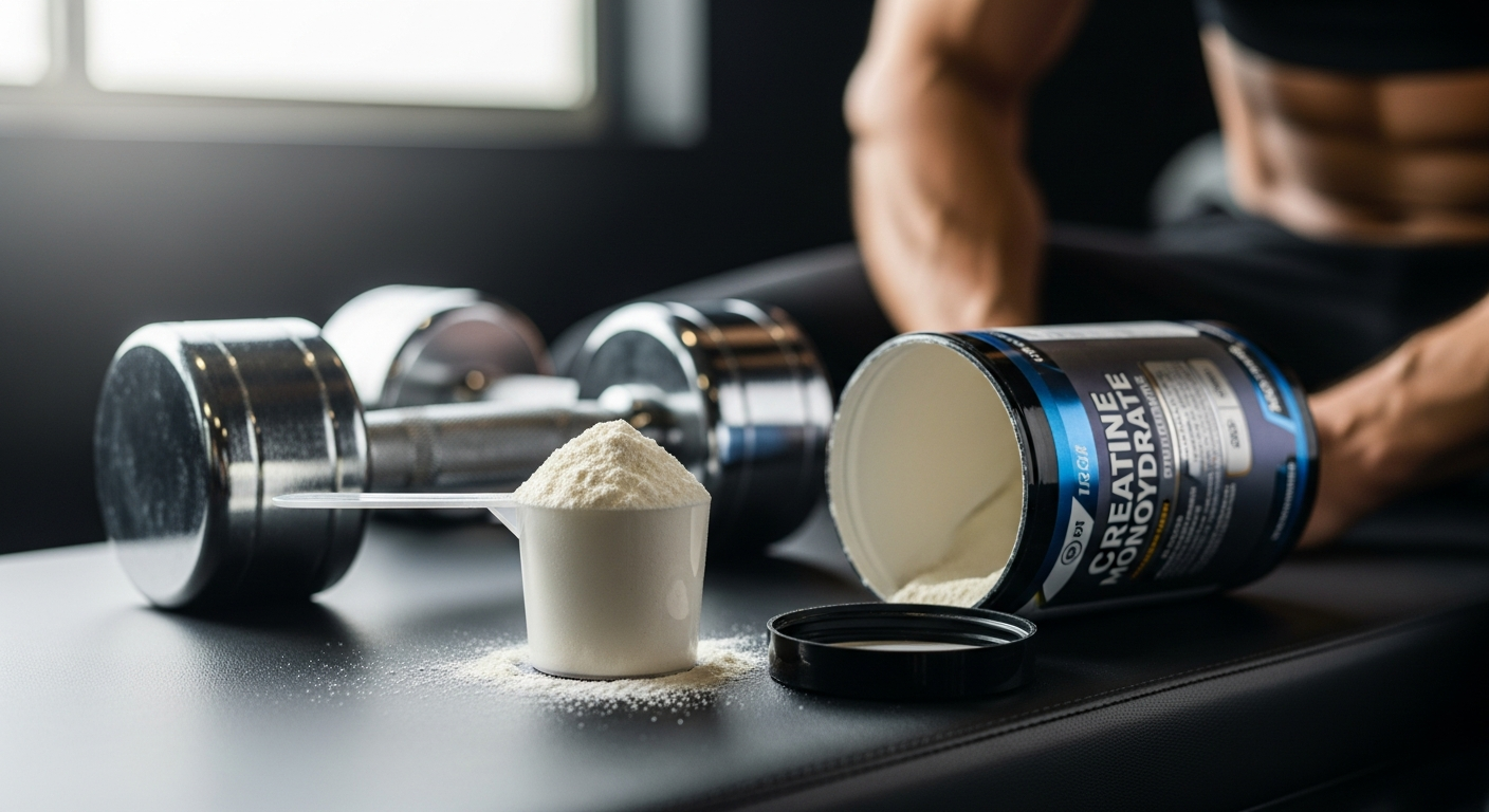 BulkSupplements Micronized Creatine Monohydrate Powder container displayed with measuring scoop and water