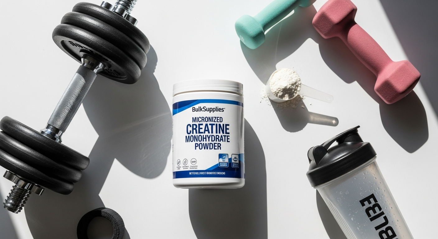 BulkSupplements Micronized Creatine Monohydrate Powder container displayed with measuring scoop and water glass