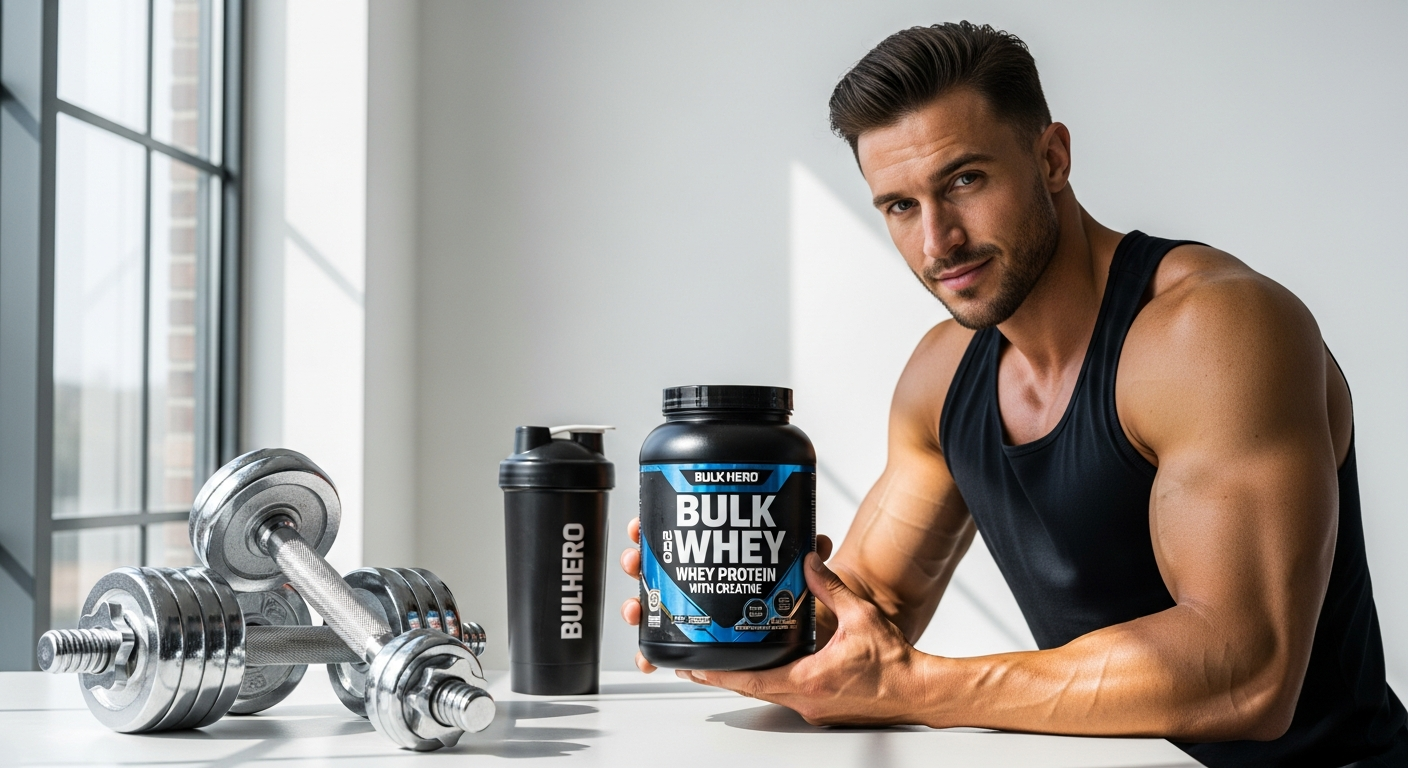 Bulk Hero 100% Whey Protein with Creatine powder container and scoop displayed on white background