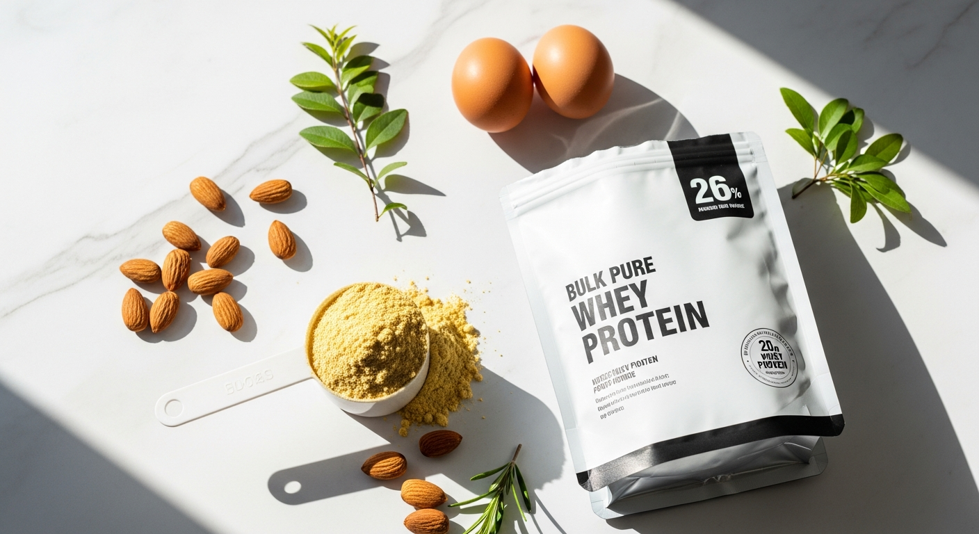 Bulk Pure Whey Protein Powder container with scoop and mixed shake beverage