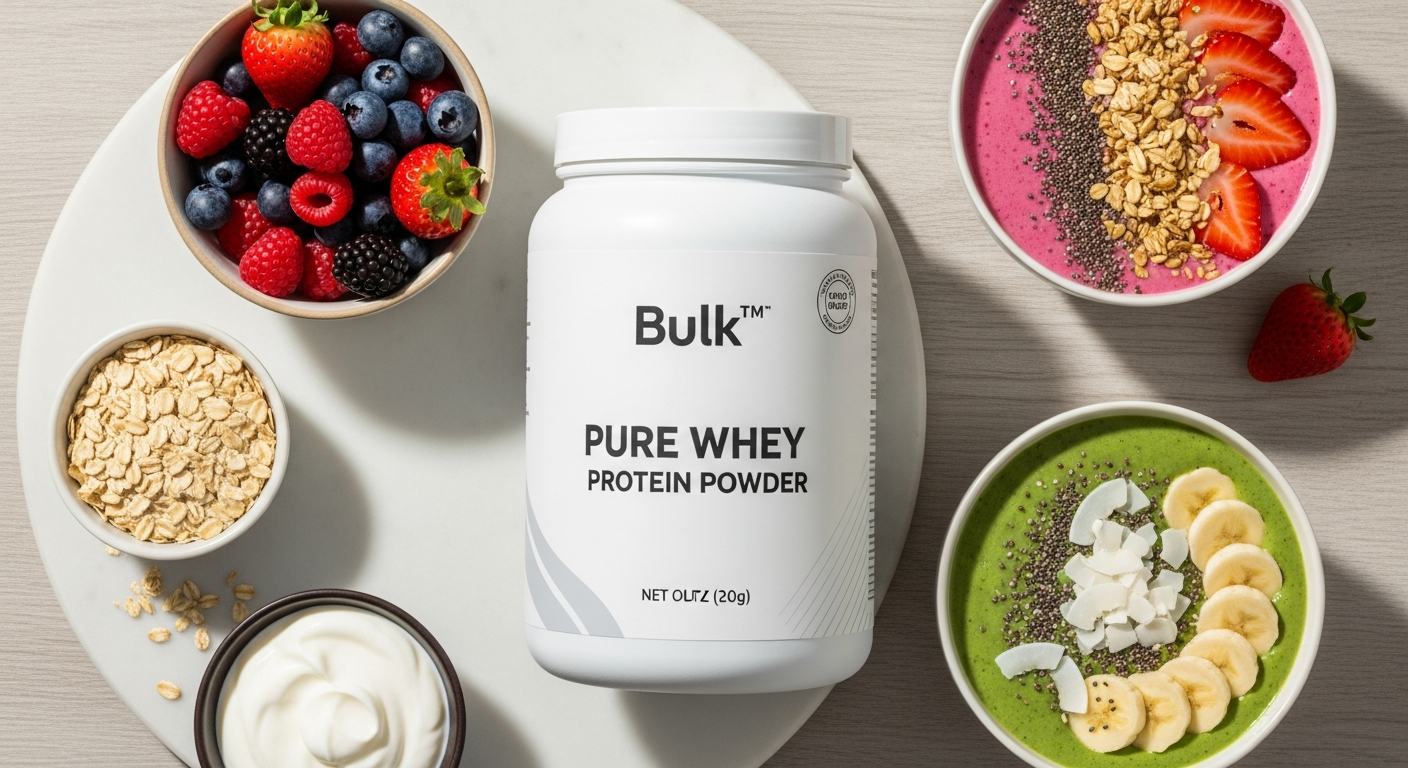 Bulk Pure Whey Protein Powder container with colorful recipe ingredients and finished dishes