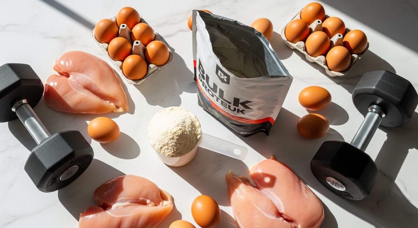 Bulk Pure Whey Protein Powder container with scoop and mixed shake in shaker bottle