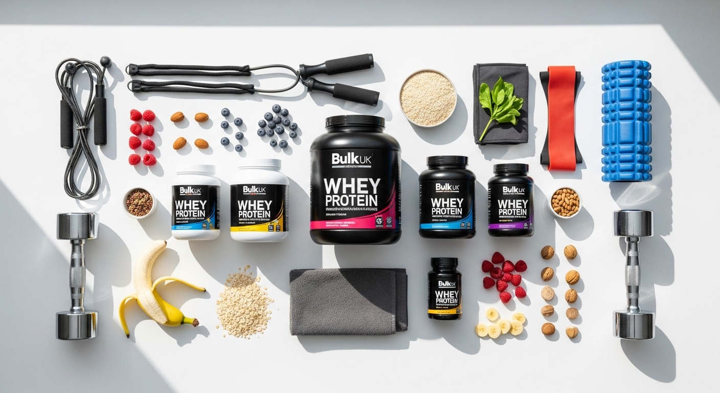 Bulk Pure Whey Protein Powder container displayed with shaker bottle and measuring scoop on white background