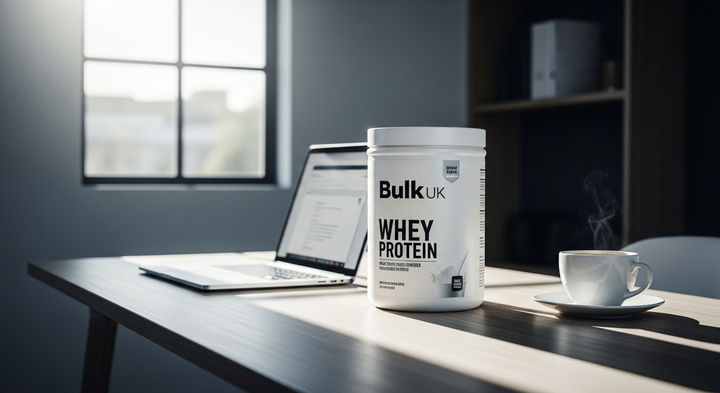 Bulk Pure Whey Protein Powder container with scoop and glass of mixed protein shake for busy professionals