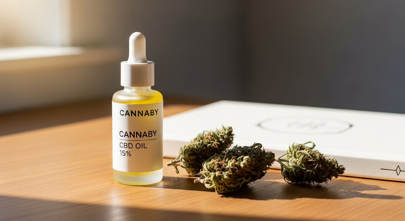 CANNABY CBD Oil 15% Premium Extract bottle with MCT coconut oil carrier displayed on wellness background