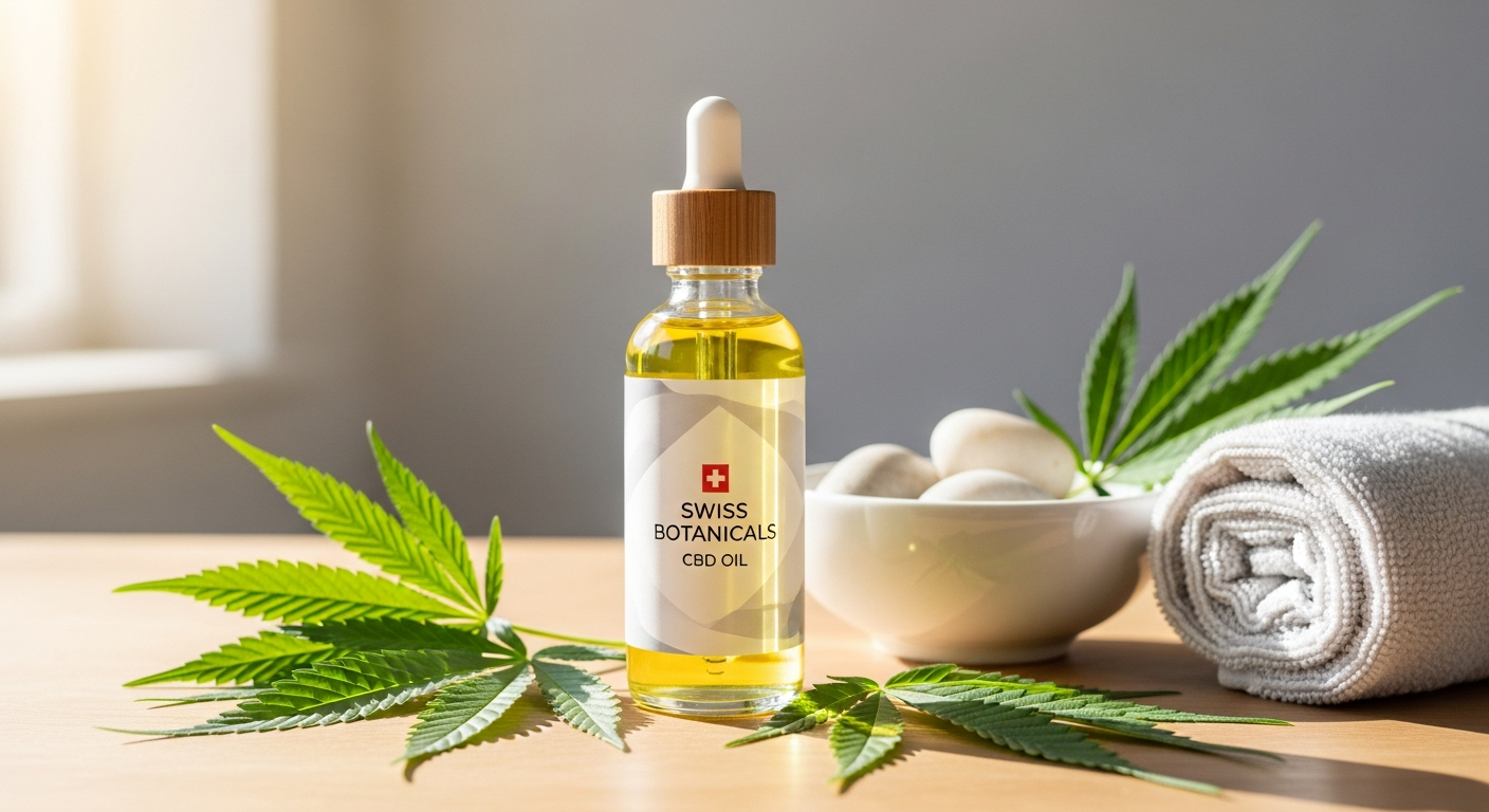 CANNABY Premium 10% Bio CBD Öl bottle with Swiss organic hemp source and MCT coconut oil carrier displayed on wellness background