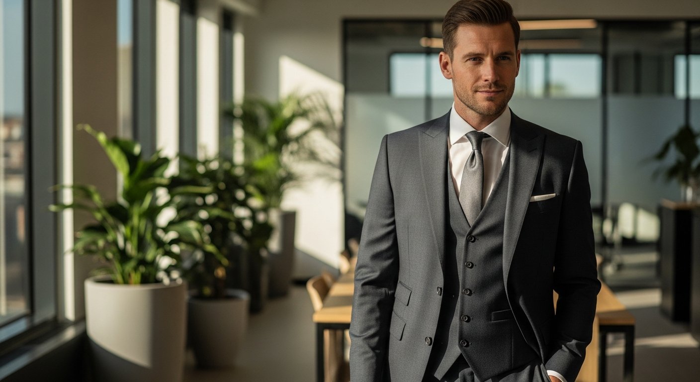 COOFANDY Men's Slim Fit 3-Piece Suit in charcoal with blazer vest and trousers