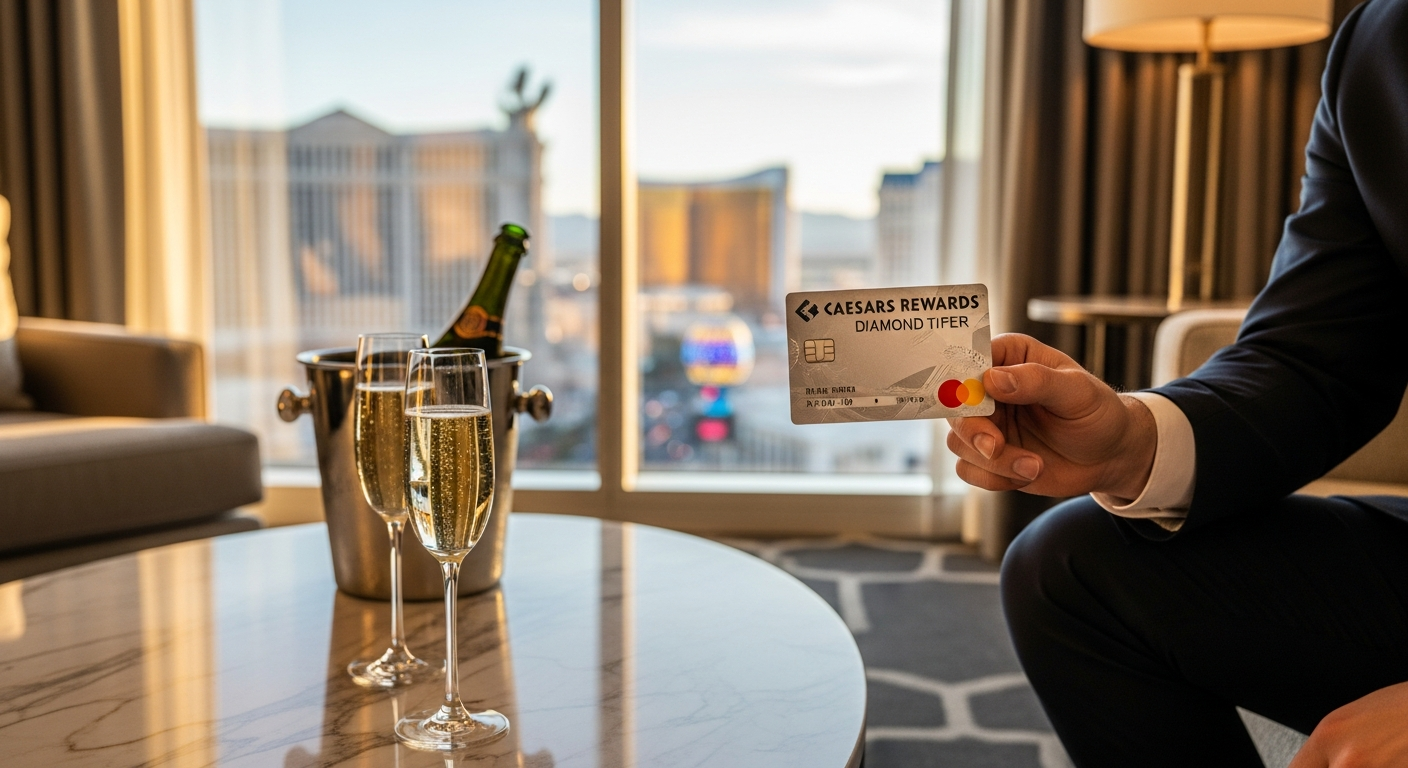 Luxurious Caesars casino resort with Diamond Status member enjoying VIP lounge access