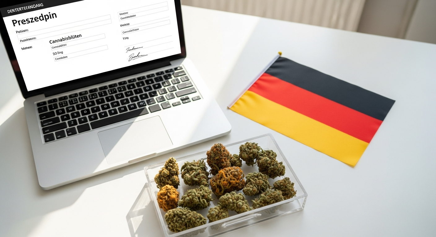 CanDoc medical cannabis flowers online platform interface showing strain selection and prescription process