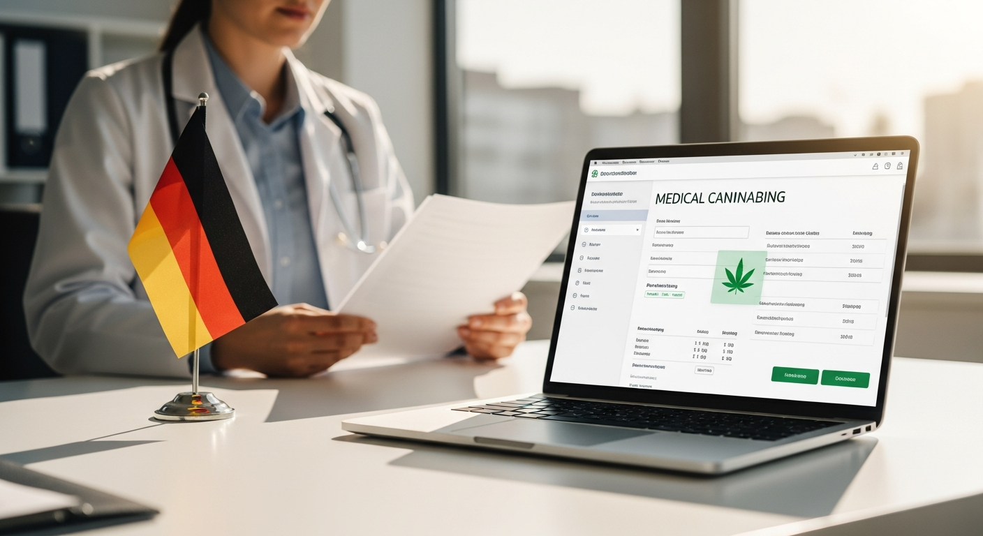 CanDoc telemedicine platform interface showing medical cannabis prescription consultation process on computer screen