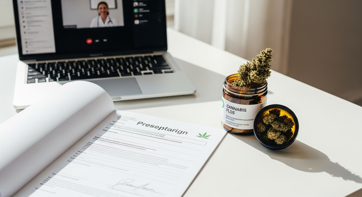 Medical cannabis flower prescription consultation on computer screen with CanDoc telemedical platform interface displayed