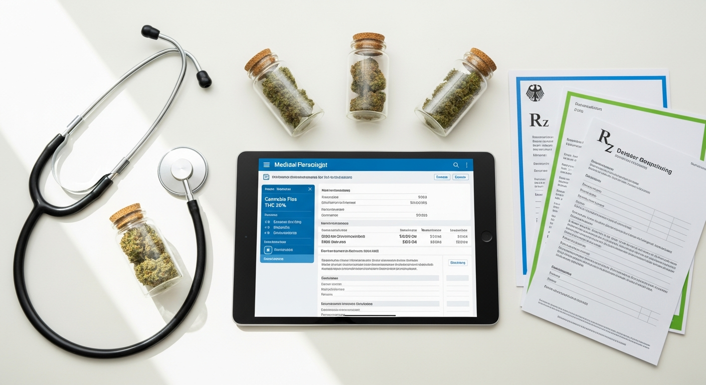 Medical cannabis flowers displayed with digital prescription on computer screen showing online access