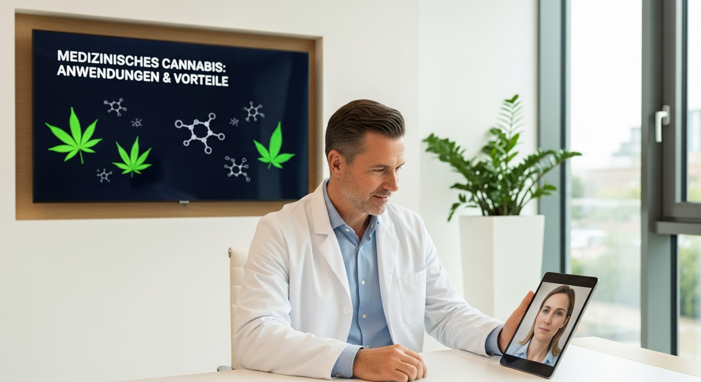 Online medical cannabis prescription service interface showing digital consultation process and product selection on computer screen