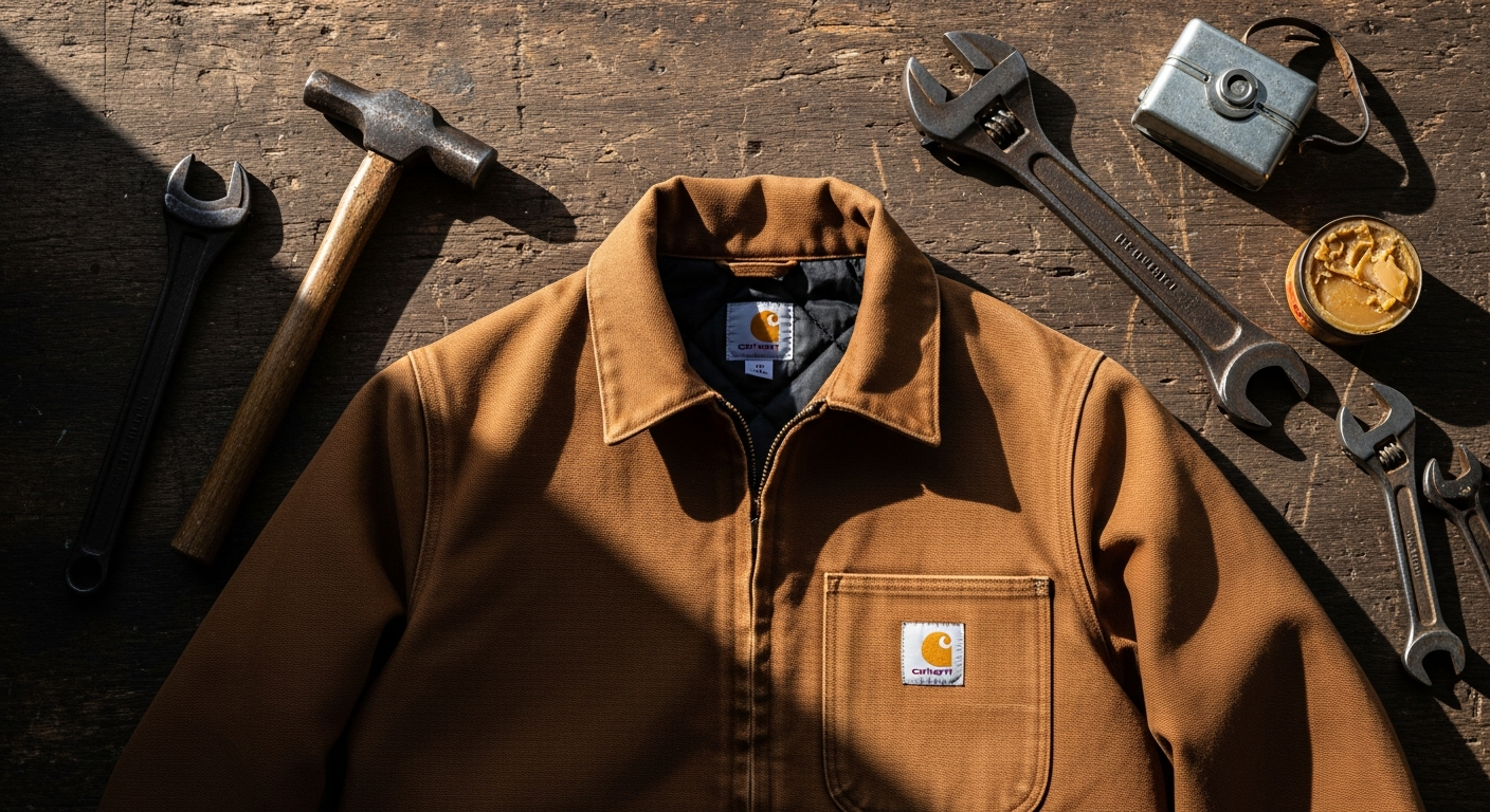 Carhartt Iconic J01 Duck Detroit Jacket displayed on a work site with tools and construction equipment