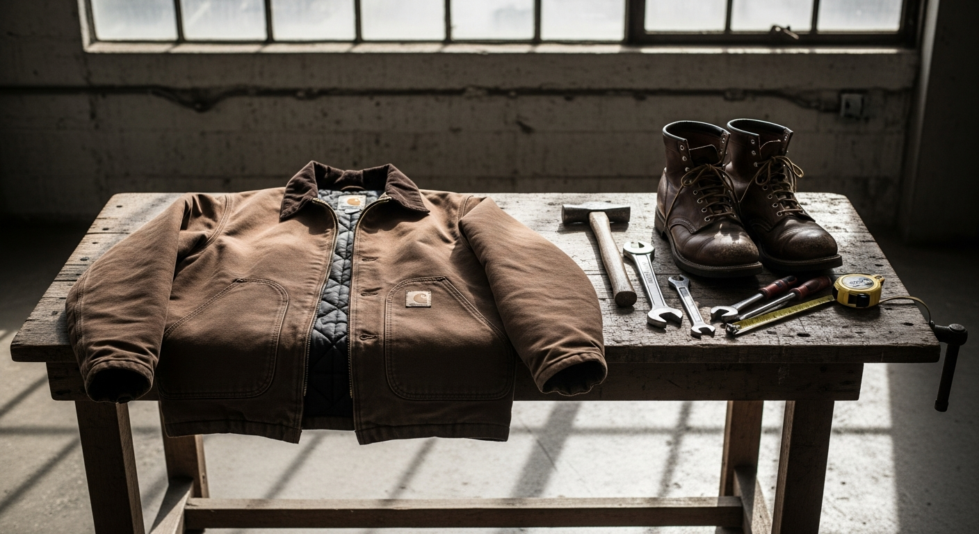 Carhartt Iconic J01 Duck Detroit Jacket displayed on a work site showing its durable construction