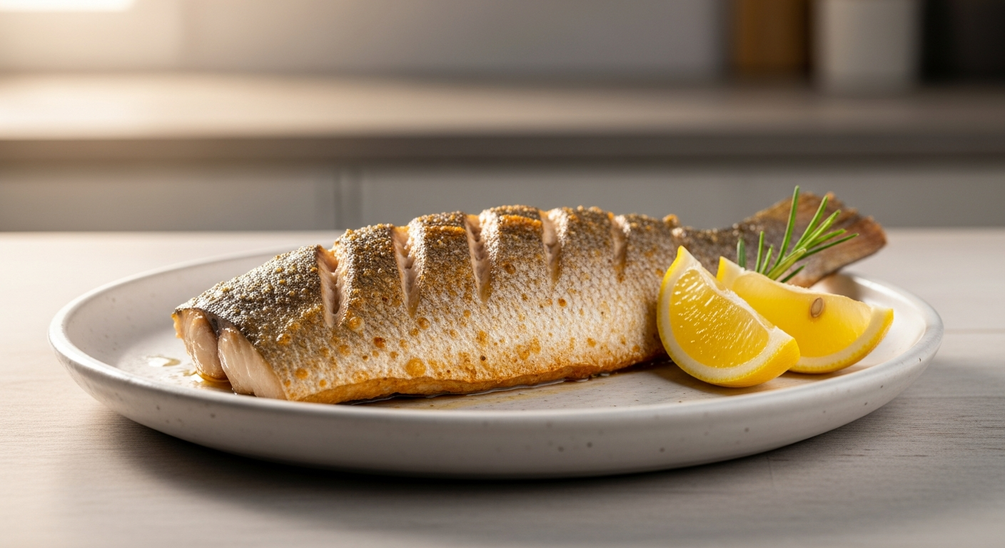 Fresh whole Tuscan Branzino Mediterranean sea bass on a white plate with lemon and herbs