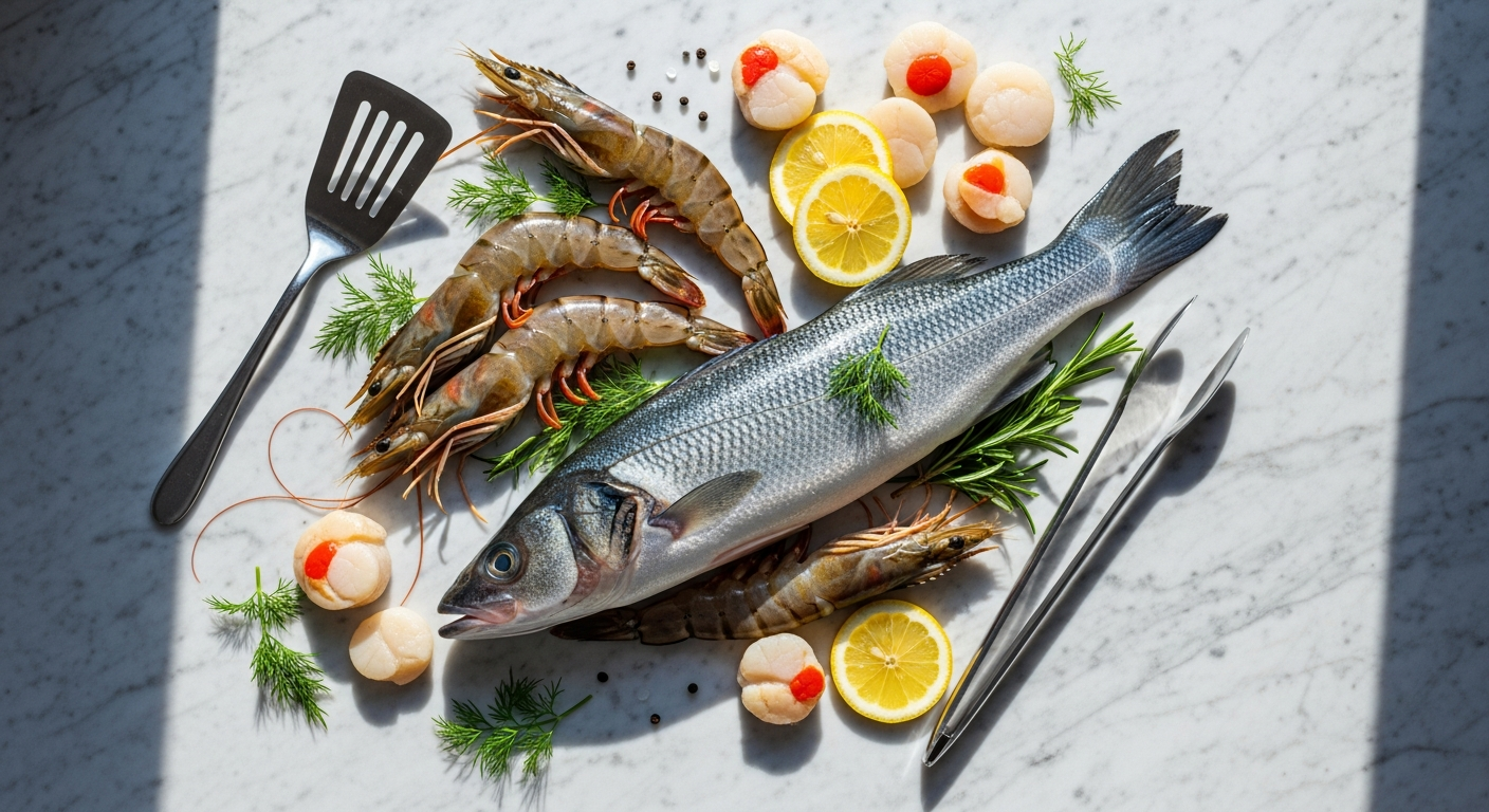 Fresh seafood display at Citarella market with pristine fish fillets and oysters