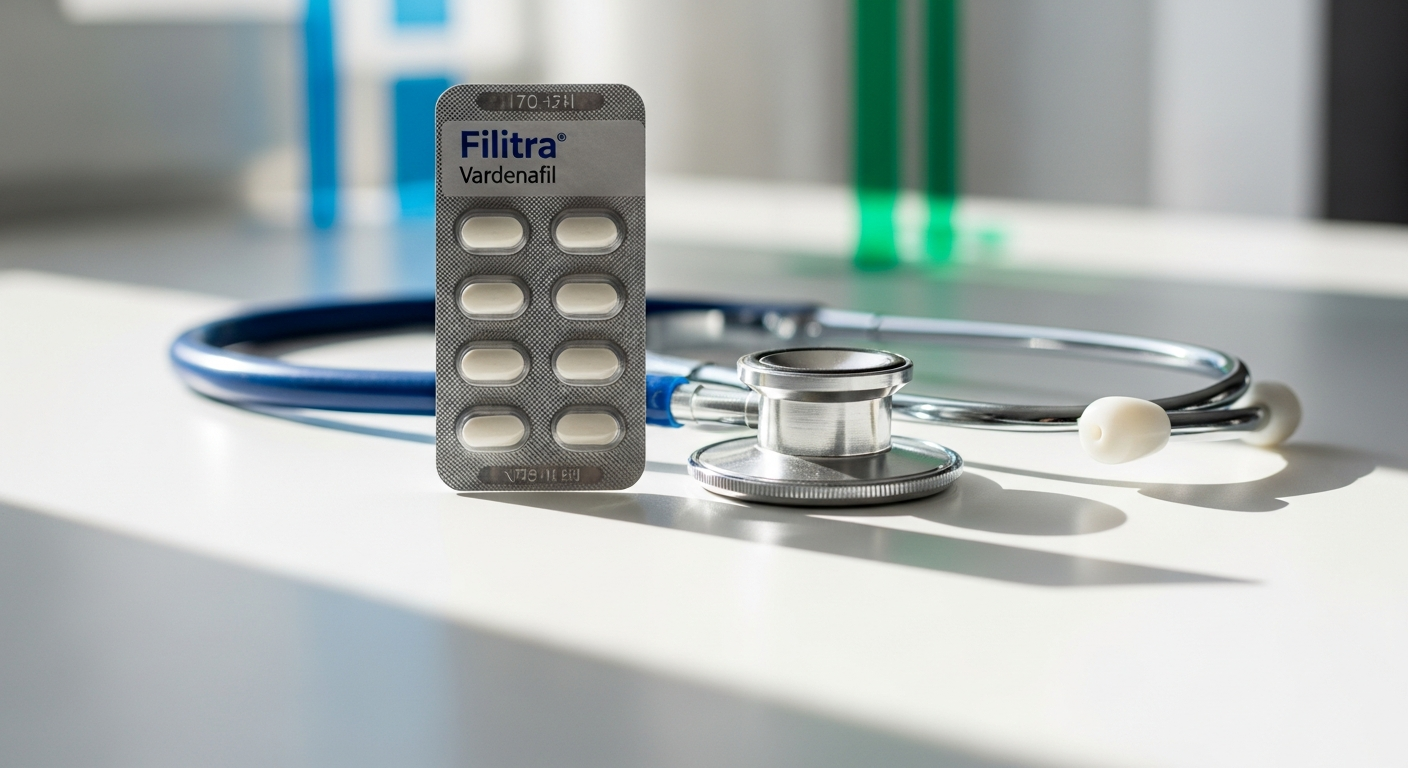 Man holding Filitra vardenafil tablet bottle with ED treatment information displayed