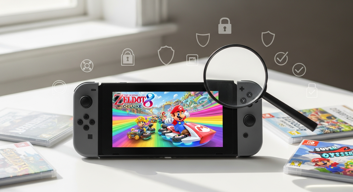 Mario Kart 8 Deluxe Nintendo Switch game cover with racing characters and colorful track elements