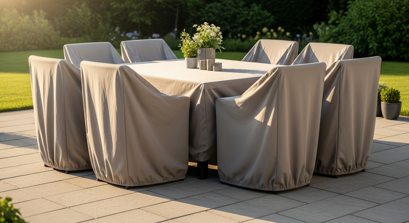 Custom outdoor patio furniture covers protecting sectional seating on a residential patio during winter weather