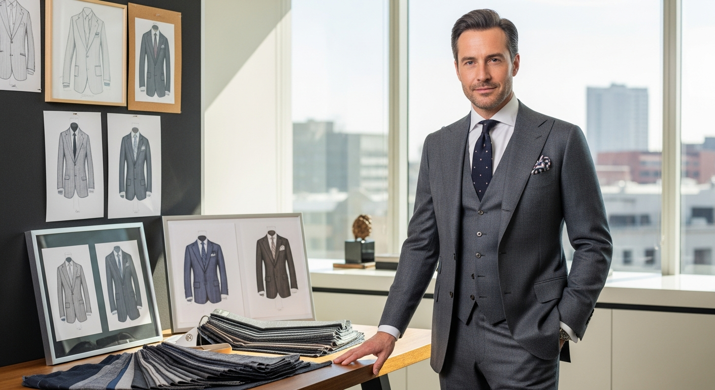 Professional man wearing a custom tailored Cramers van Asten suit in an office setting
