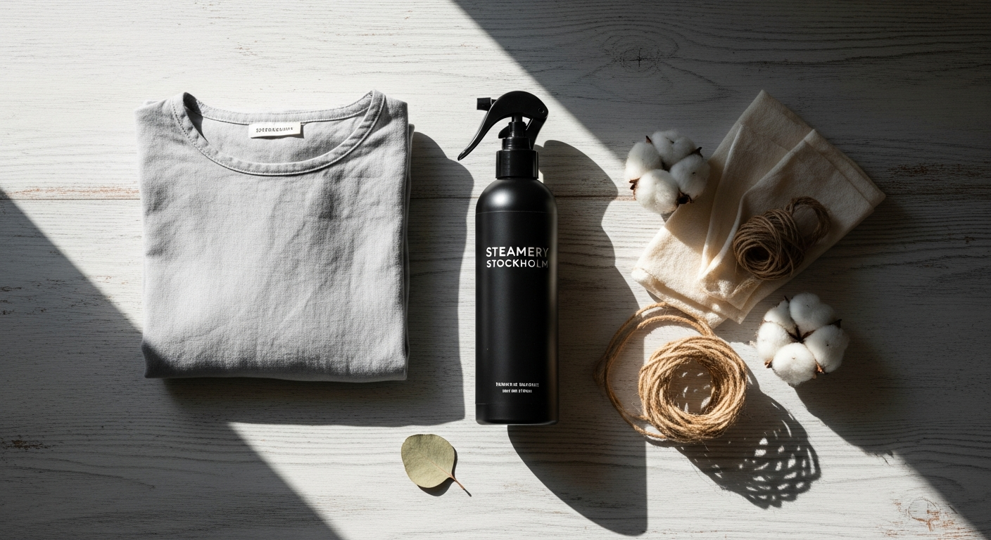 Steamery Stockholm Fabric Spray Delicate 100ml bottle displayed with folded delicate fabrics including silk and cashmere