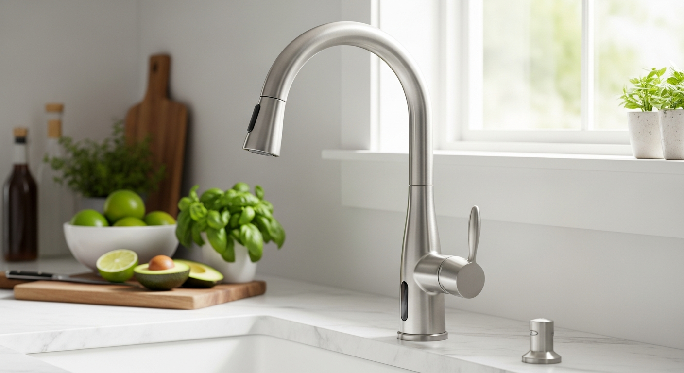 Delta Lenta brushed nickel touchless kitchen faucet with pull-down spray wand installed in modern kitchen sink