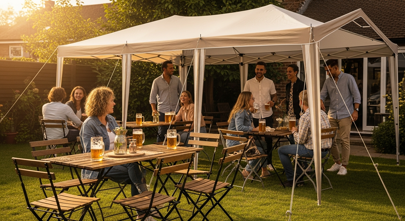 Casaria 3-piece foldable beer tent set with wooden table and benches in garden setting