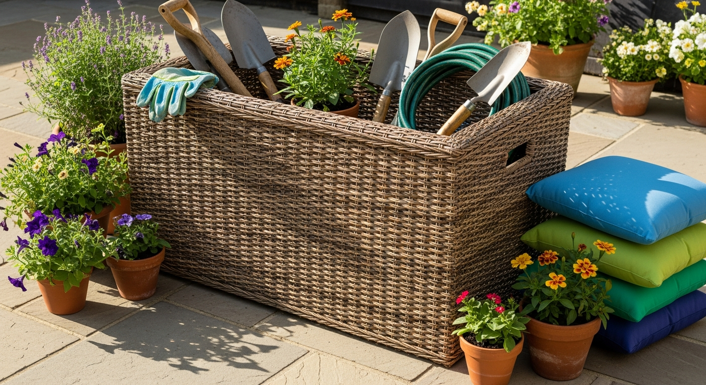 DeubaXXL Polyrattan Storage Box 310L: Durable Outdoor Storage for Patios & Gardens