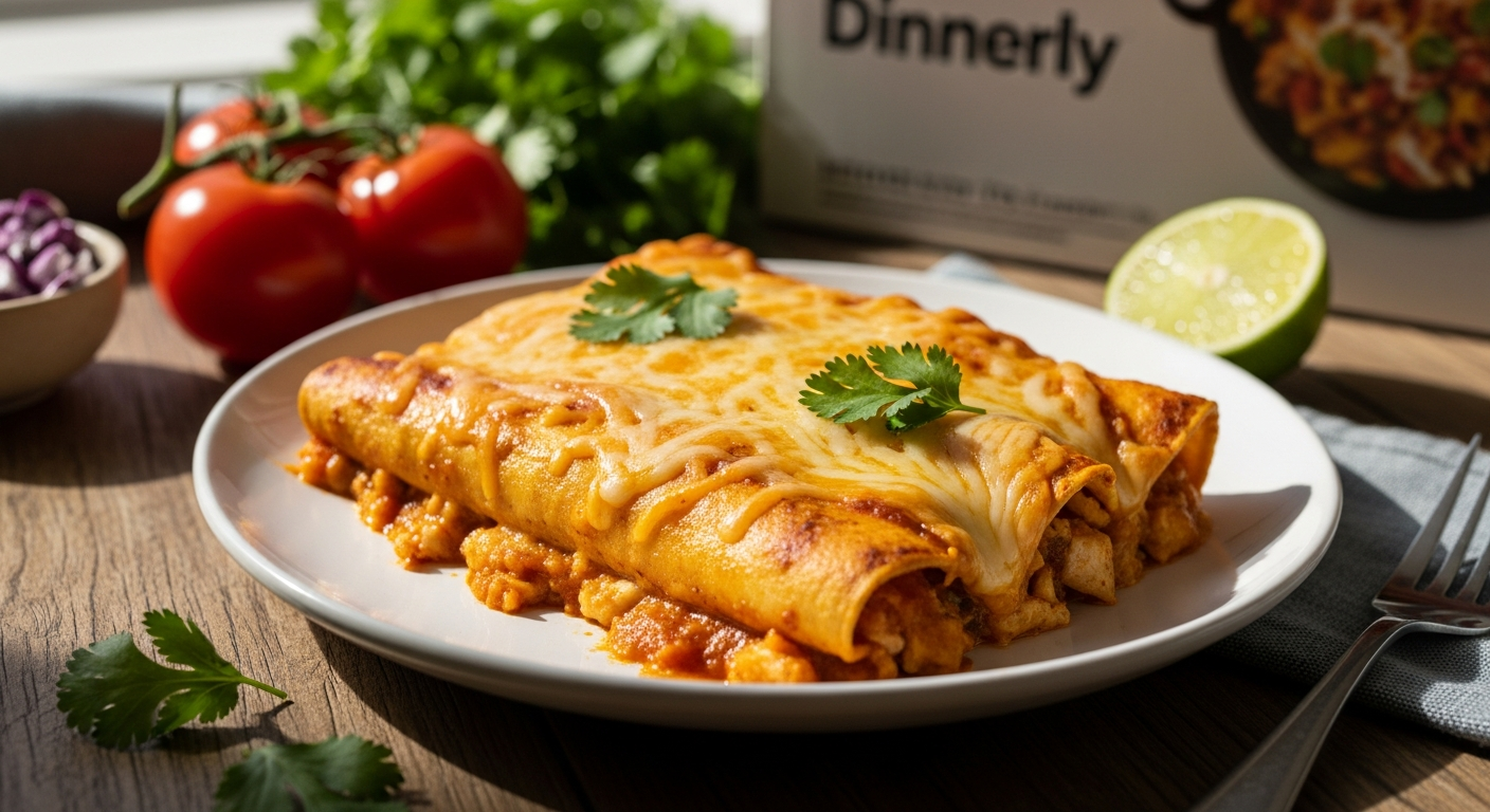 Dinnerly Cheesy Chicken Enchiladas meal kit with fresh ingredients and prepared dish