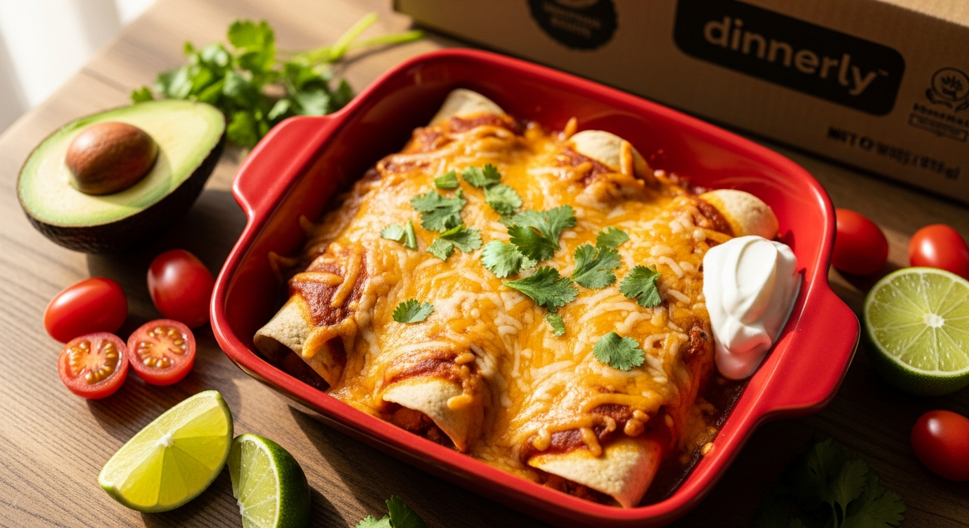 Dinnerly Cheesy Chicken Enchiladas meal kit with fresh ingredients and prepared dish