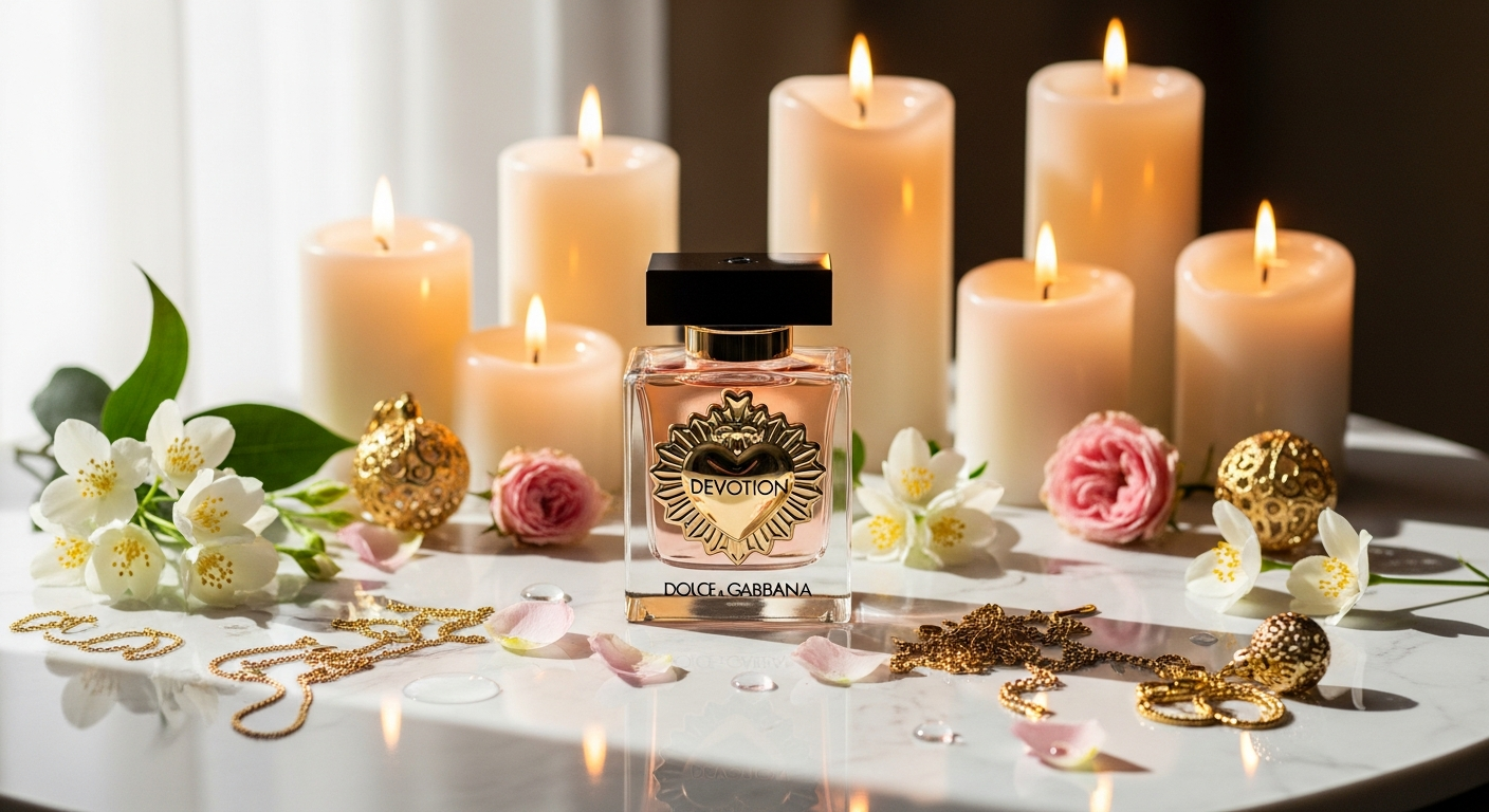 Dolce&Gabbana Devotion Eau de Parfum bottle with Sacred Heart emblem on luxury packaging