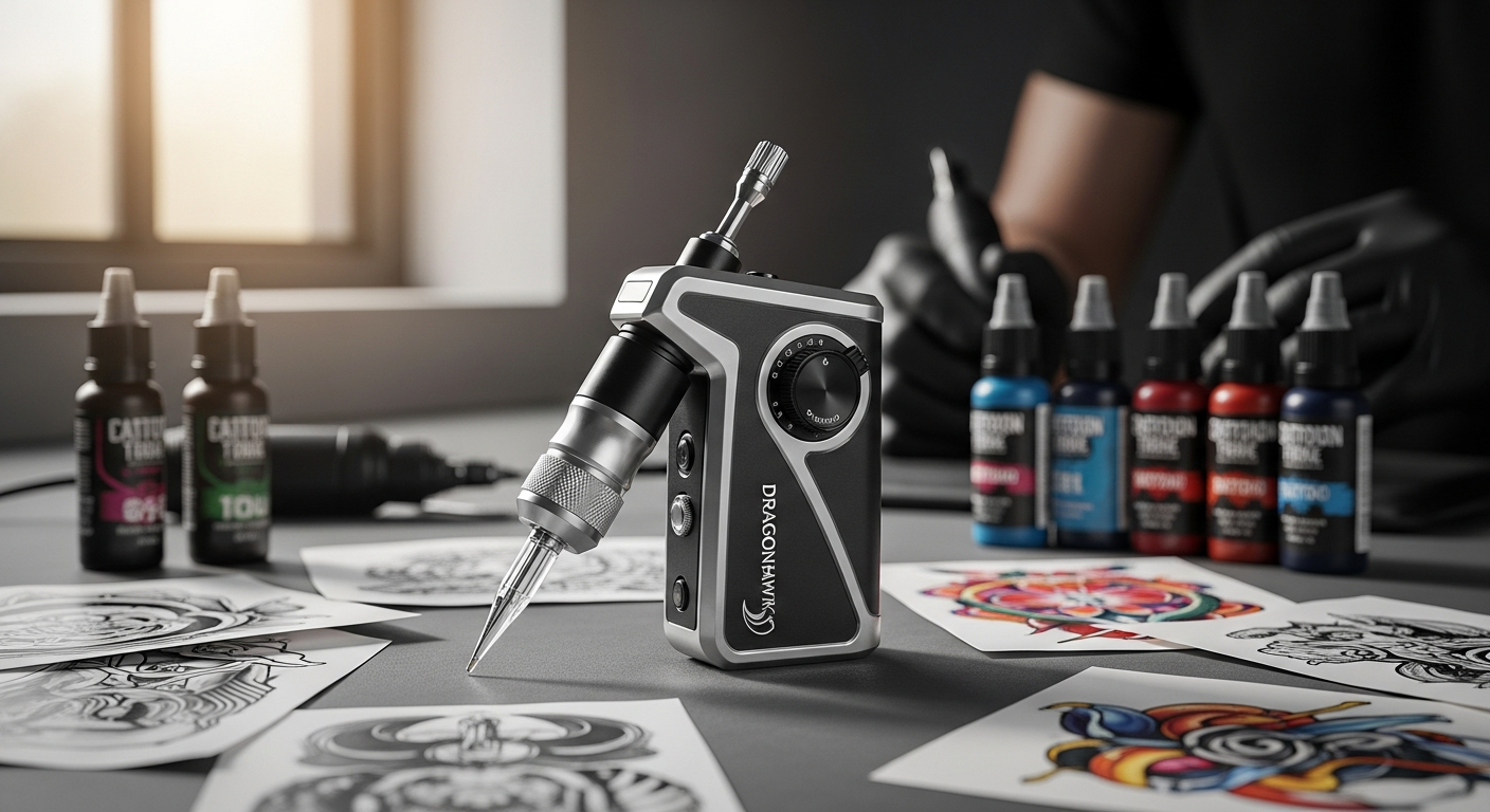 Dragonhawk Fold Pro Wireless Tattoo Pen Machine displayed with adjustable stroke controls and LED battery display screen
