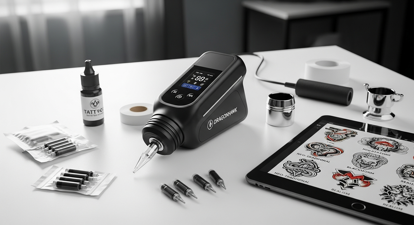 Dragonhawk Mast Archer wireless tattoo machine displayed with battery and charging components