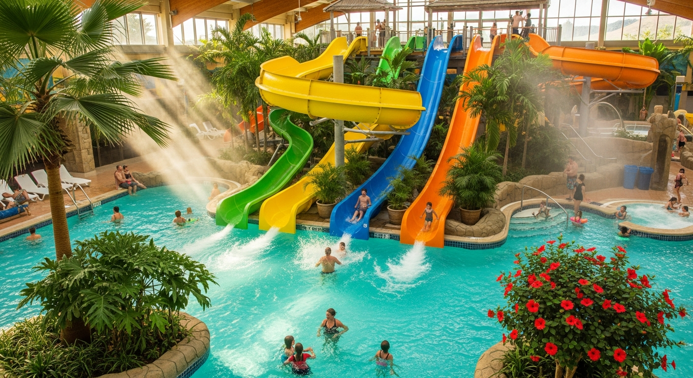 Duinrell Tikibad indoor water park tropical paradise with multiple waterslides and wave pool attractions