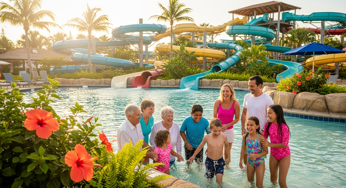 Aerial view of Duinrell Tikibad Water Park with colorful waterslides, wave pool, and indoor facilities